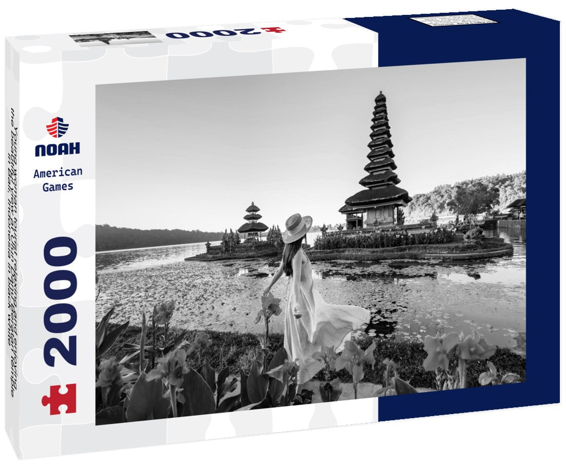 Noah Jigsaw Puzzle Young woman tourist relaxing and enjoying the beautiful view at Ulun Danu Beratan temple in Bali, Indonesia in black white 2000 pieces