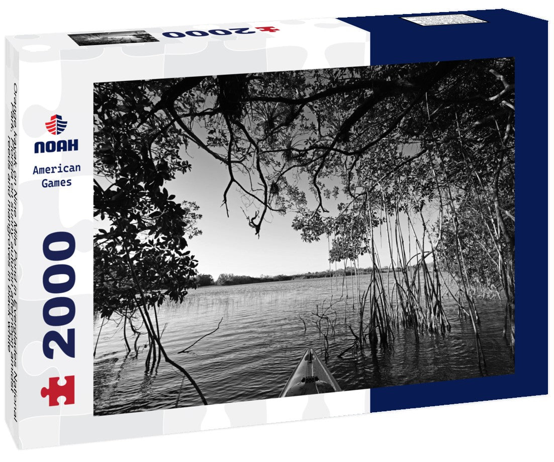 Noah Jigsaw Puzzle Orange kayak on Nine Mile Pond in Everglades National Park, Florida on sunny autumn afternoon amidst reeds and mangroves in black white 2000 pieces