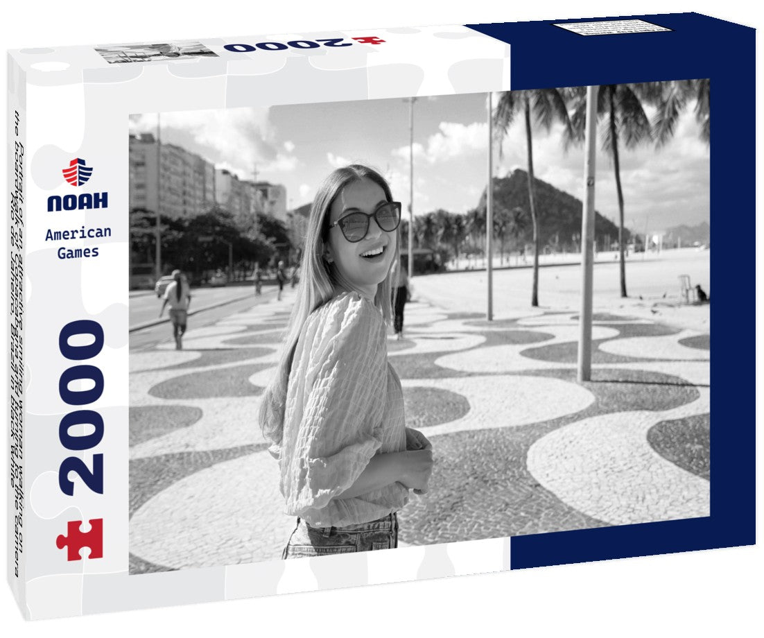 Noah Jigsaw Puzzle Portrait of an attractive smiling woman walking on the boardwalk of Copacabana and turning to the camera, Rio de Janeiro, Brazil in black white 2000 pieces