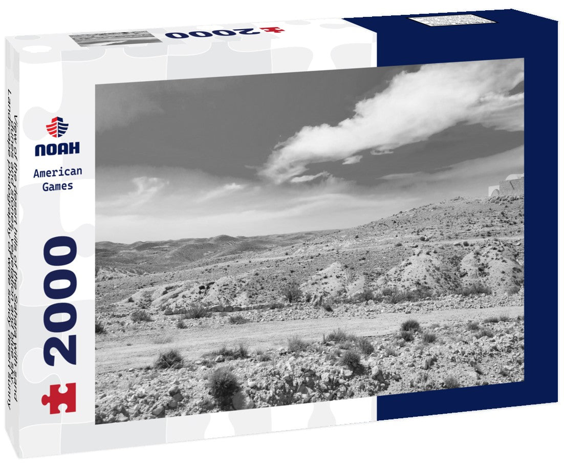 Noah Jigsaw Puzzle View of the desert hills of the Sahara with sand dunes and stones, vegetation and blue sky. Landscape photography of wide sandy desert sunny day, Sahara, Tozeur city, Tunisia in black white 2000 pieces