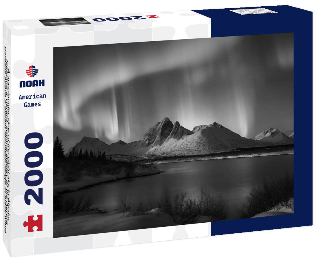 Noah Jigsaw Puzzle A spectacular view of the night sky in Alaska, featuring a vibrant, swirling display of the Aurora Borealis above a distant mountain range in black white 2000 pieces