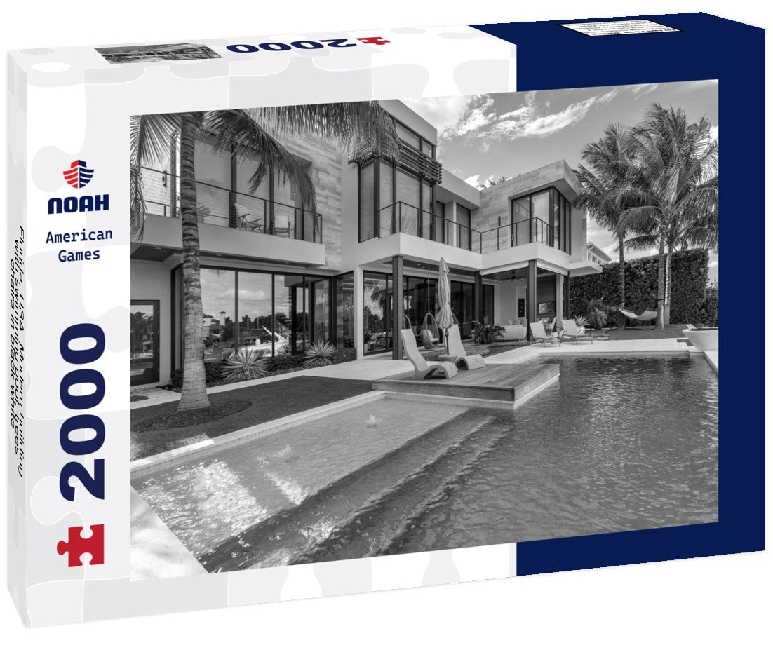 Noah Jigsaw Puzzle Florida, USA. Modern building with swimming pool, trees, chairs in black white 2000 pieces