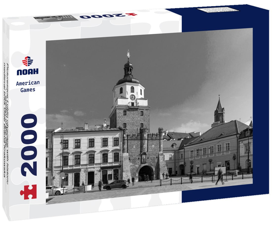 Noah Jigsaw Puzzle Picturesque Lublin cityscape with historic symbol of the city - medieval brick Gate Brama Krakowska in sunny spring day, Poland in black white 2000 pieces