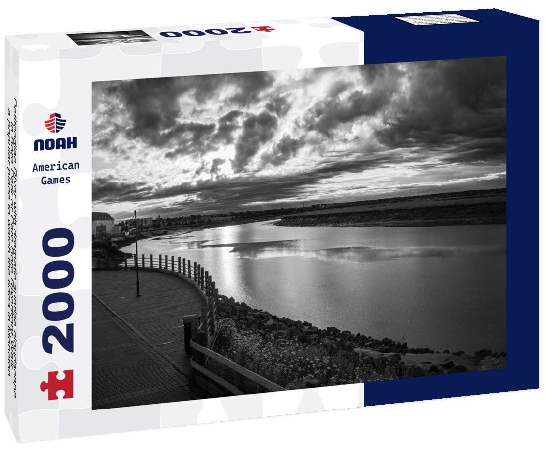 Noah Jigsaw Puzzle Petitcodiac River with dramatic sunrise cloudscape in Bore Park or Parc Bore Riverfront Walk, a popular place to watch the tides in Moncton, New Brunswick, Canada in black white 2000 pieces