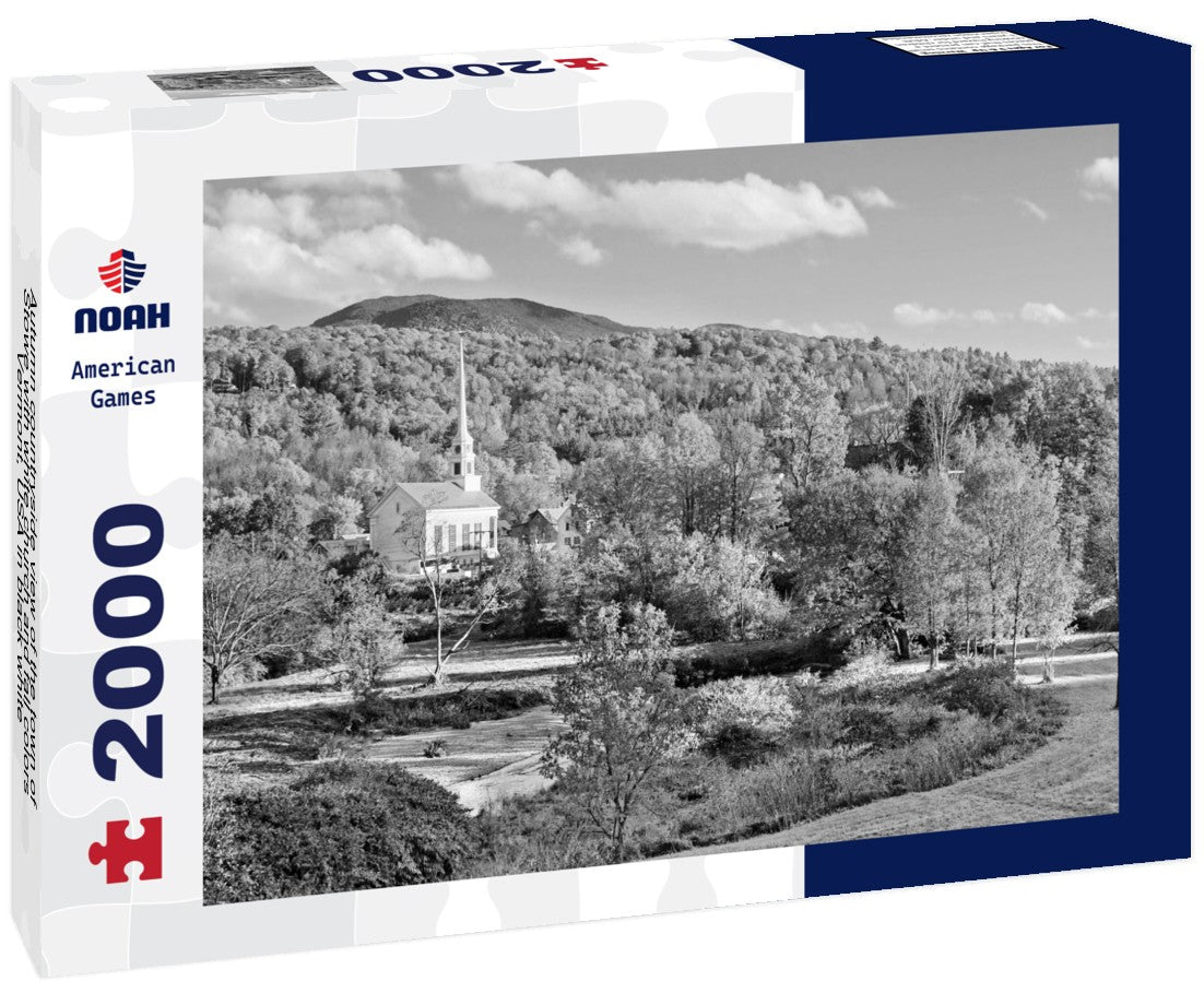 Noah Jigsaw Puzzle Autumn countryside view of the town of Stowe with white church and fall colors, Vermont, USA in black white 2000 pieces
