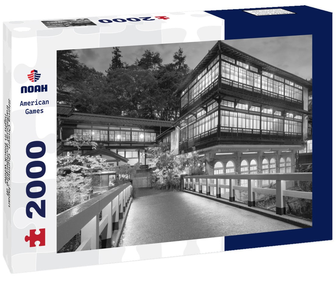 Noah Jigsaw Puzzle Shima Onsen, Gunma, Japan traditional architecture at night in black white 2000 pieces