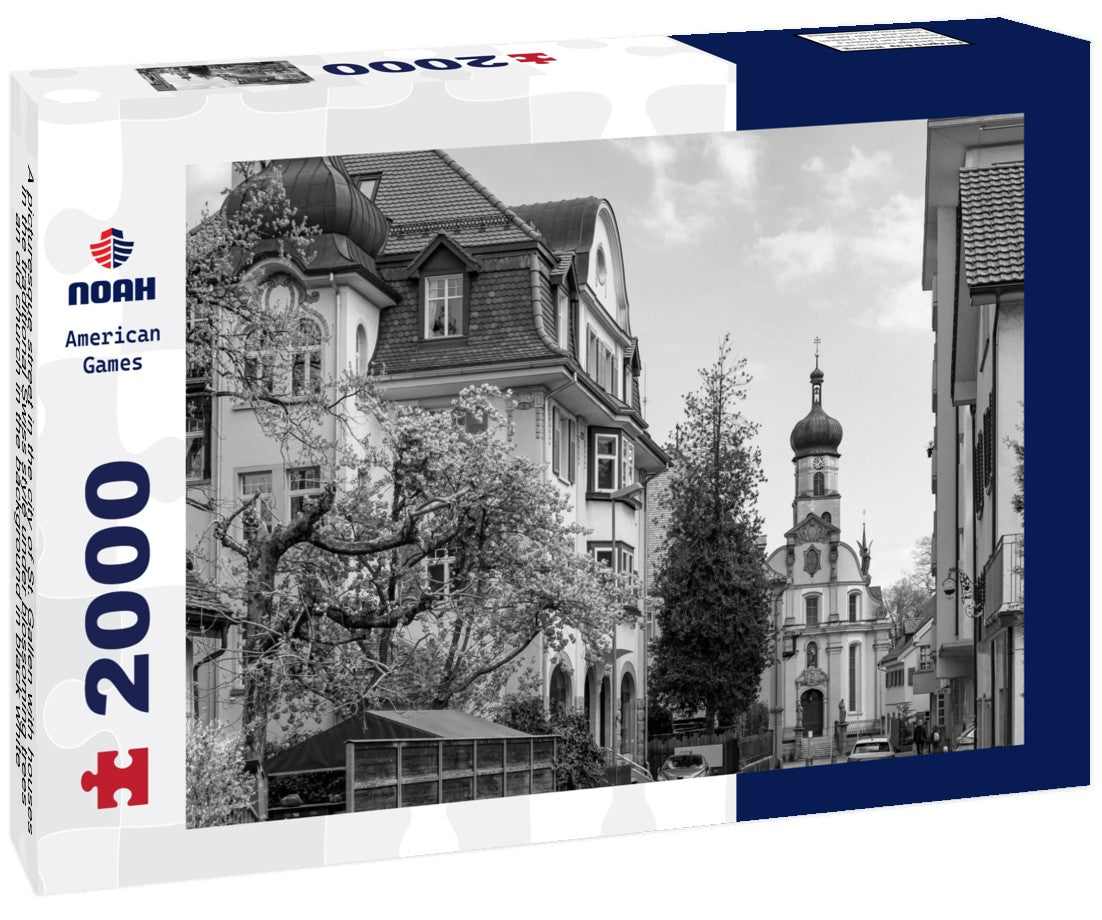 Noah Jigsaw Puzzle A picturesque street in the city of St. Gallen with houses in the traditional Swiss style under blossoming trees, an old church in the background in black white 2000 pieces