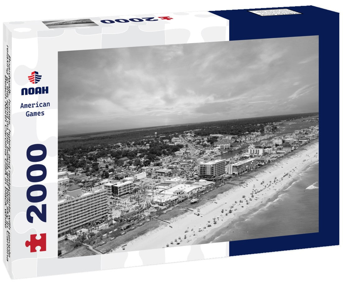 Noah Jigsaw Puzzle Boardwalk, homes, hotels and restaurants with people relaxing in the sand on the beach and blue sky in Carolina Beach North Carolina USA in black white 2000 pieces