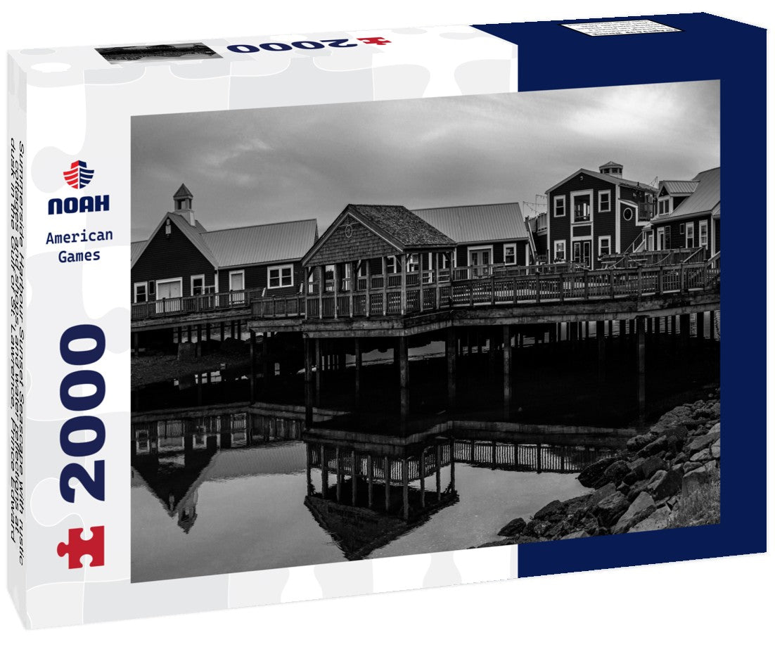 Noah Jigsaw Puzzle Summerside Harbour Sunset Seascape with rustic cottages and shops, and water reflections at dusk in the Gulf of St. Lawrence, Prince Edward Island, Canada in black white 2000 pieces
