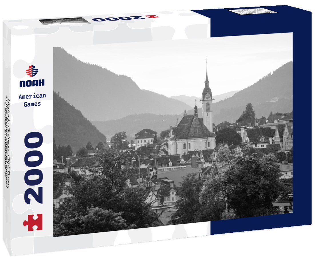 Noah Jigsaw Puzzle Historic Schwyz Old Town in the Swiss Alps at sunset, Central Switzerland in black white 2000 pieces