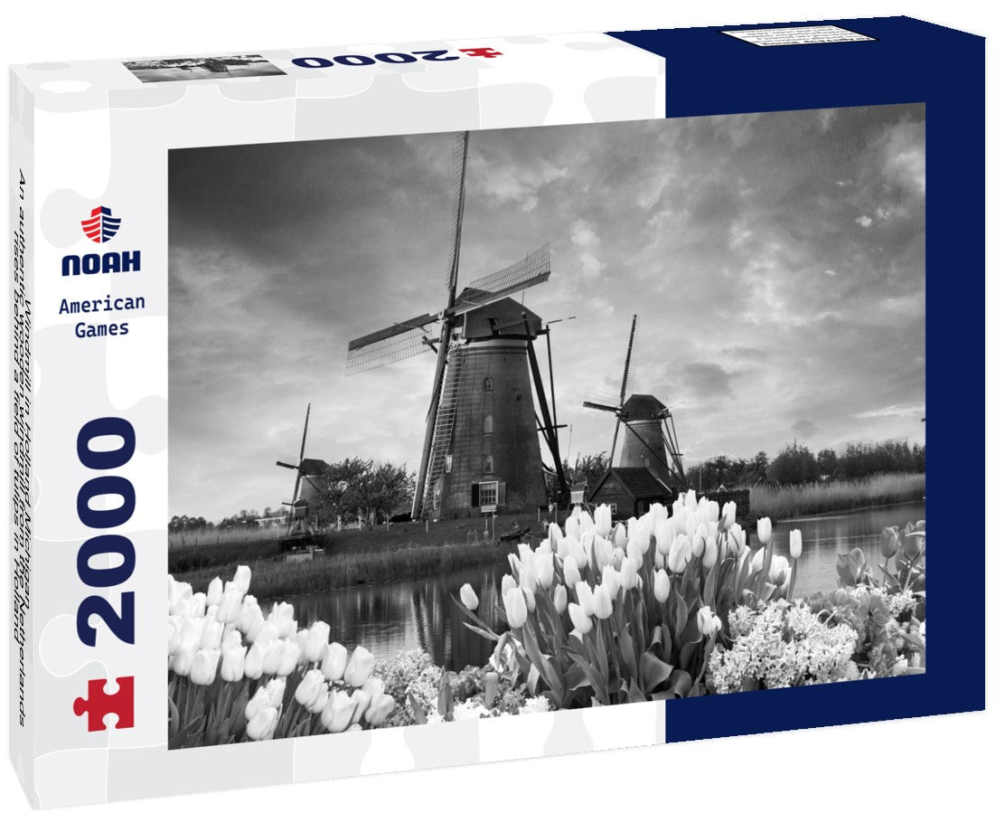 Noah Jigsaw Puzzle Windmill in Holland Michigan - An authentic wooden windmill from the Netherlands rises behind a field of tulips in Holland Michigan at Springtime in black white 2000 pieces