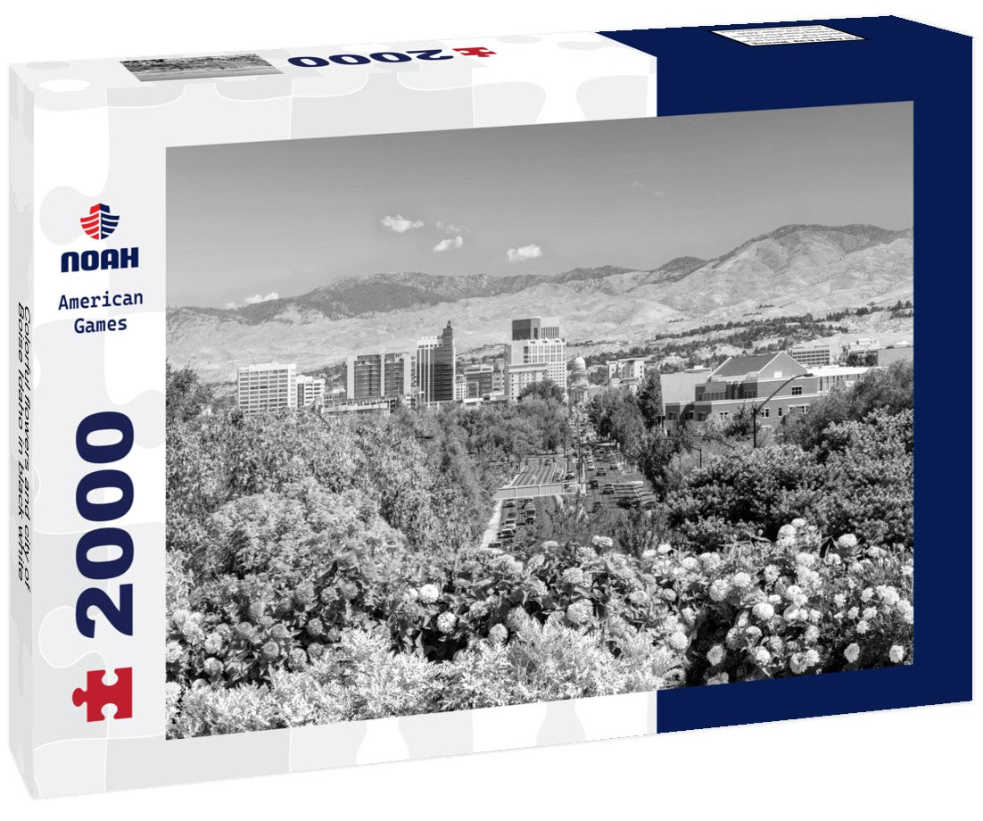 Noah Jigsaw Puzzle Colorful flowers and city of Boise Idaho in black white 2000 pieces