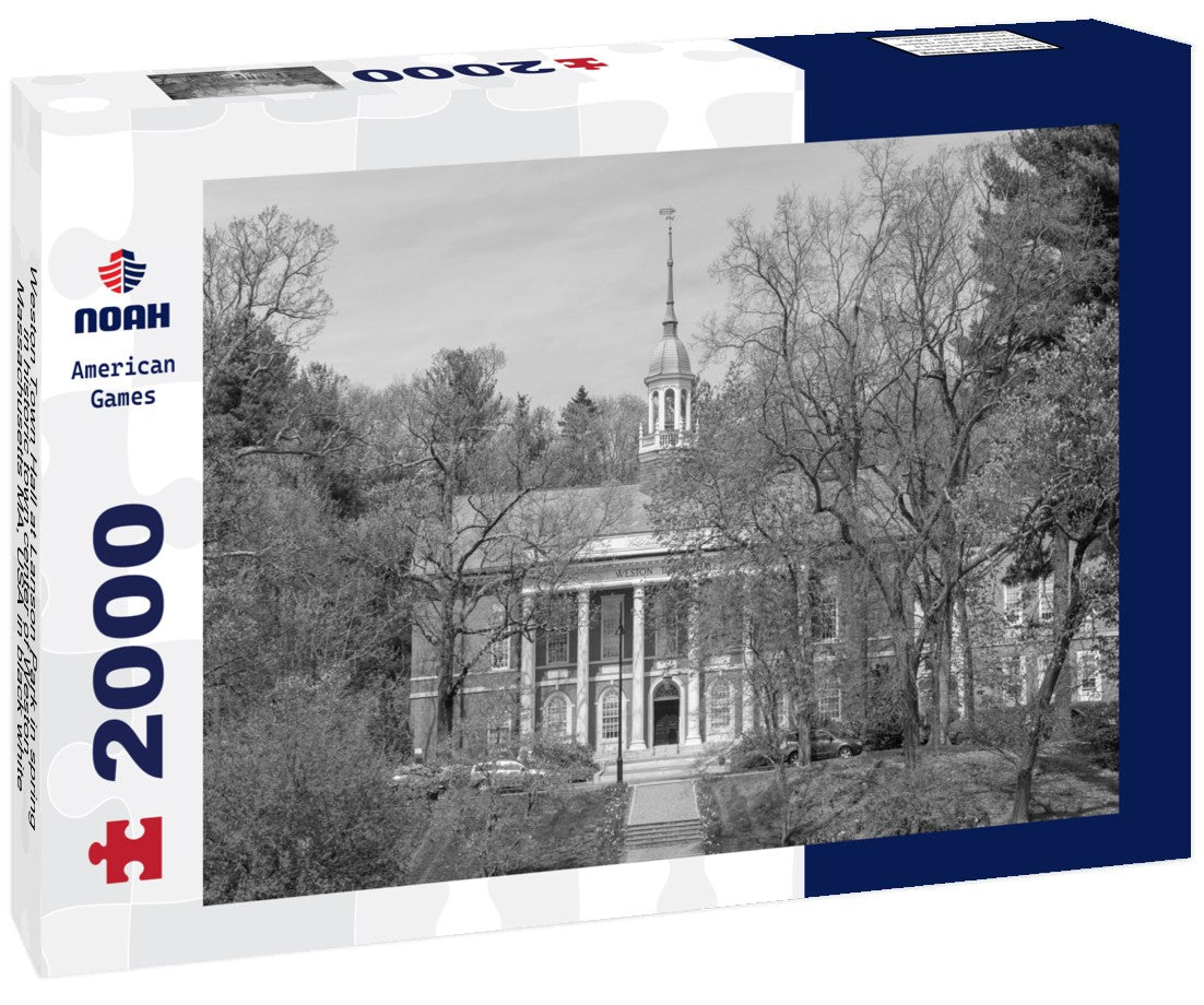 Noah Jigsaw Puzzle Weston Town Hall at Lanson Park in spring in historic town center of Weston, Massachusetts MA, USA in black white 2000 pieces
