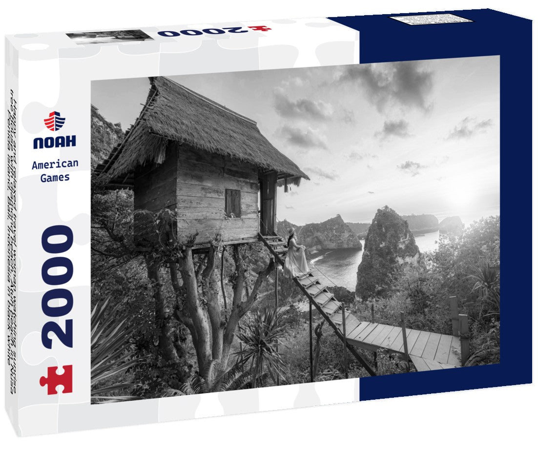 Noah Jigsaw Puzzle Happy and relaxed travel woman watching sunrise, tree house with diamond beach, Atuh beach in Nusa Penida island, Bali, Indonesia in black white 2000 pieces