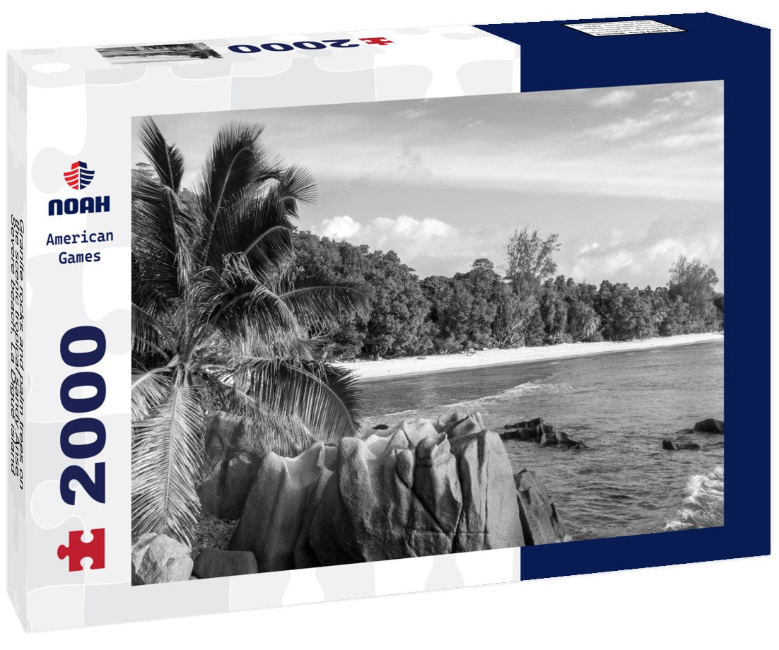Noah Jigsaw Puzzle Granite rocks and palm trees on the scenic tropical sandy Anse Severe beach, La Digue island, Seychelles in black white 2000 pieces