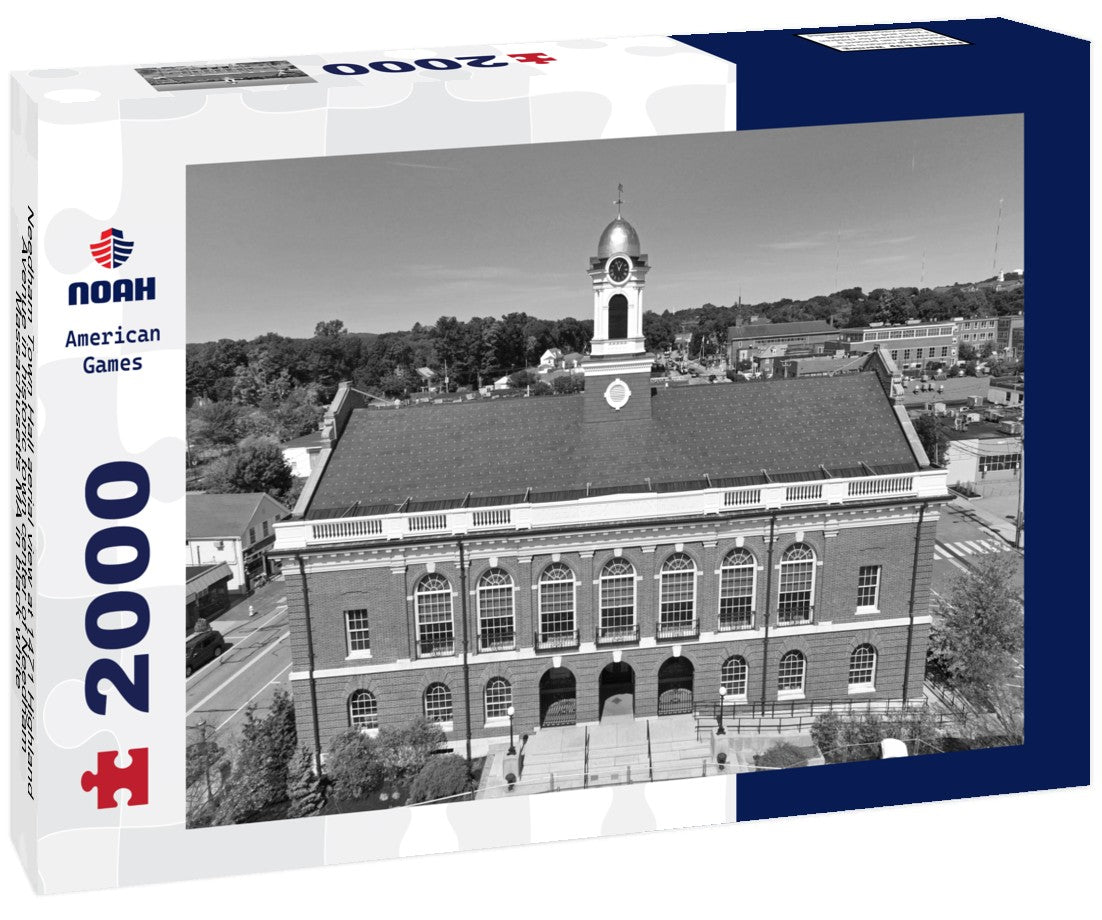 Noah Jigsaw Puzzle Needham Town Hall aerial view at 1471 Highland Avenue in historic town center of Needham, Massachusetts MA in black white 2000 pieces