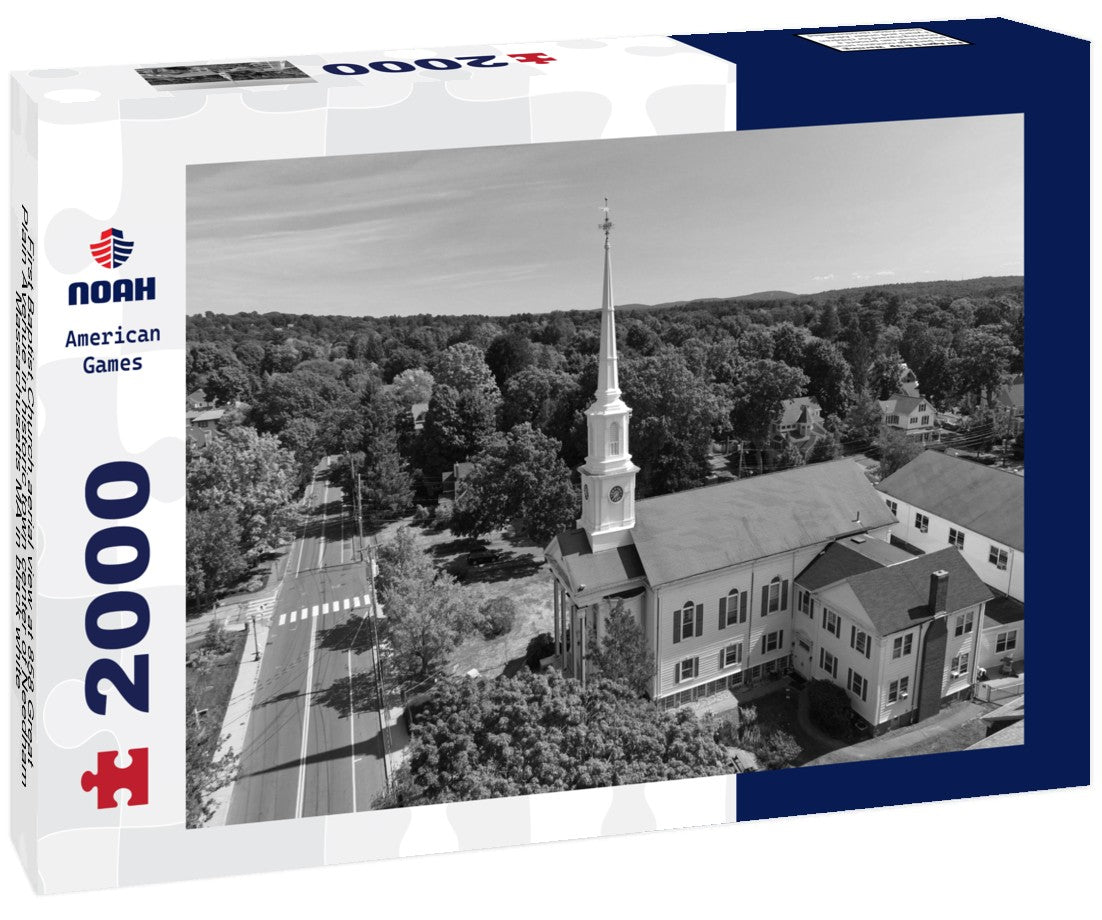 Noah Jigsaw Puzzle First Baptist Church aerial view at 858 Great Plain Avenue in historic town center of Needham, Massachusetts MA in black white 2000 pieces