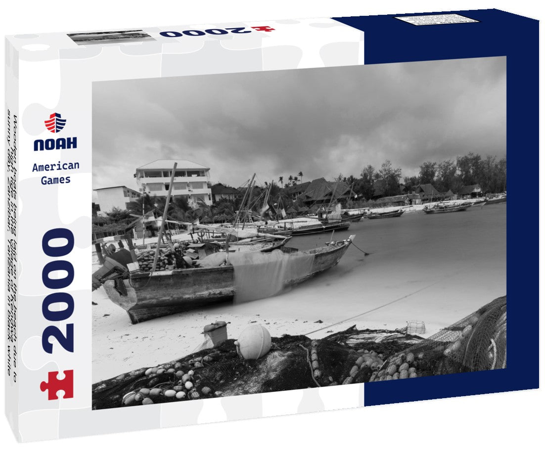 Noah Jigsaw Puzzle Wooden boats being laid on the beach due to high tide in the village of Kendwa, sunny day, Zanzibar, Tanzania in black white 2000 pieces