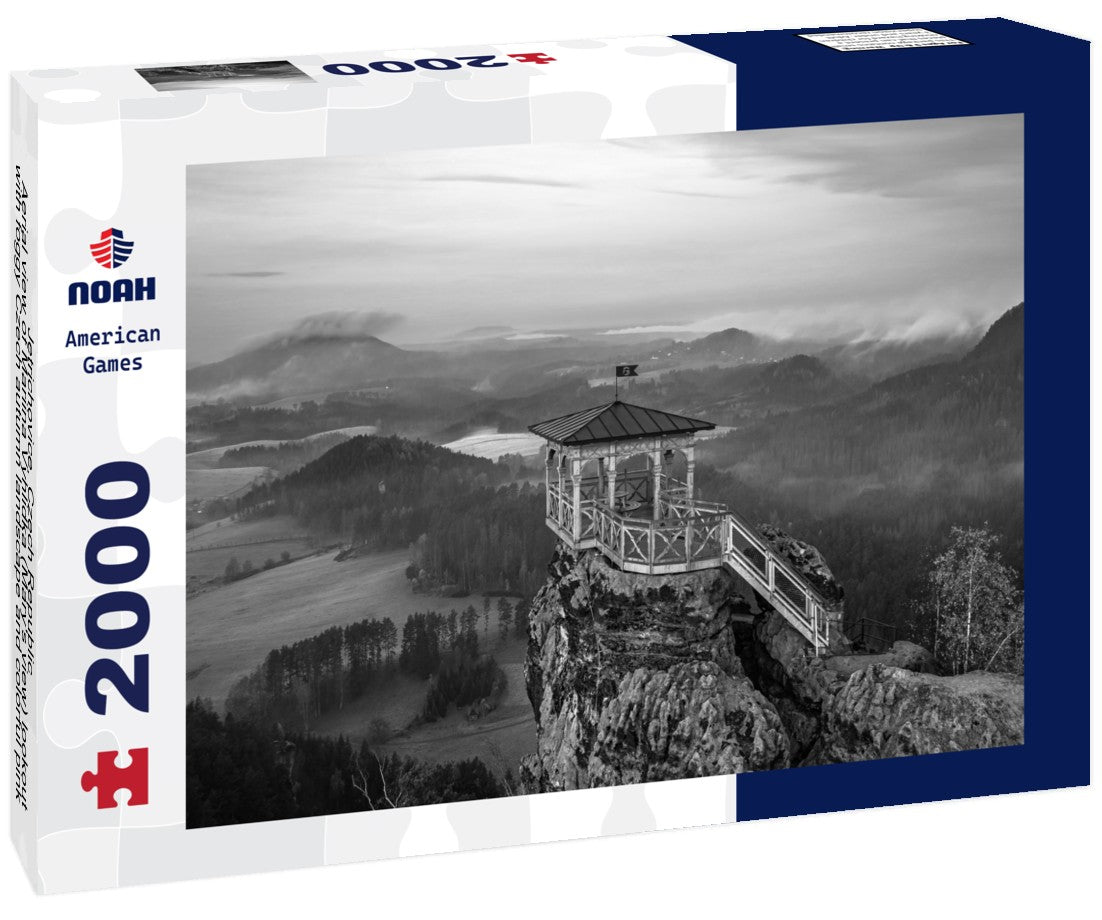 Noah Jigsaw Puzzle Jetrichovice, Czech Republic - Aerial view of Mariina Vyhlidka (Mary's view) lookout with foggy Czech autumn landscape and colorful pink sunrise sky in Bohemian Switzerland National Park in black white 2000 pieces