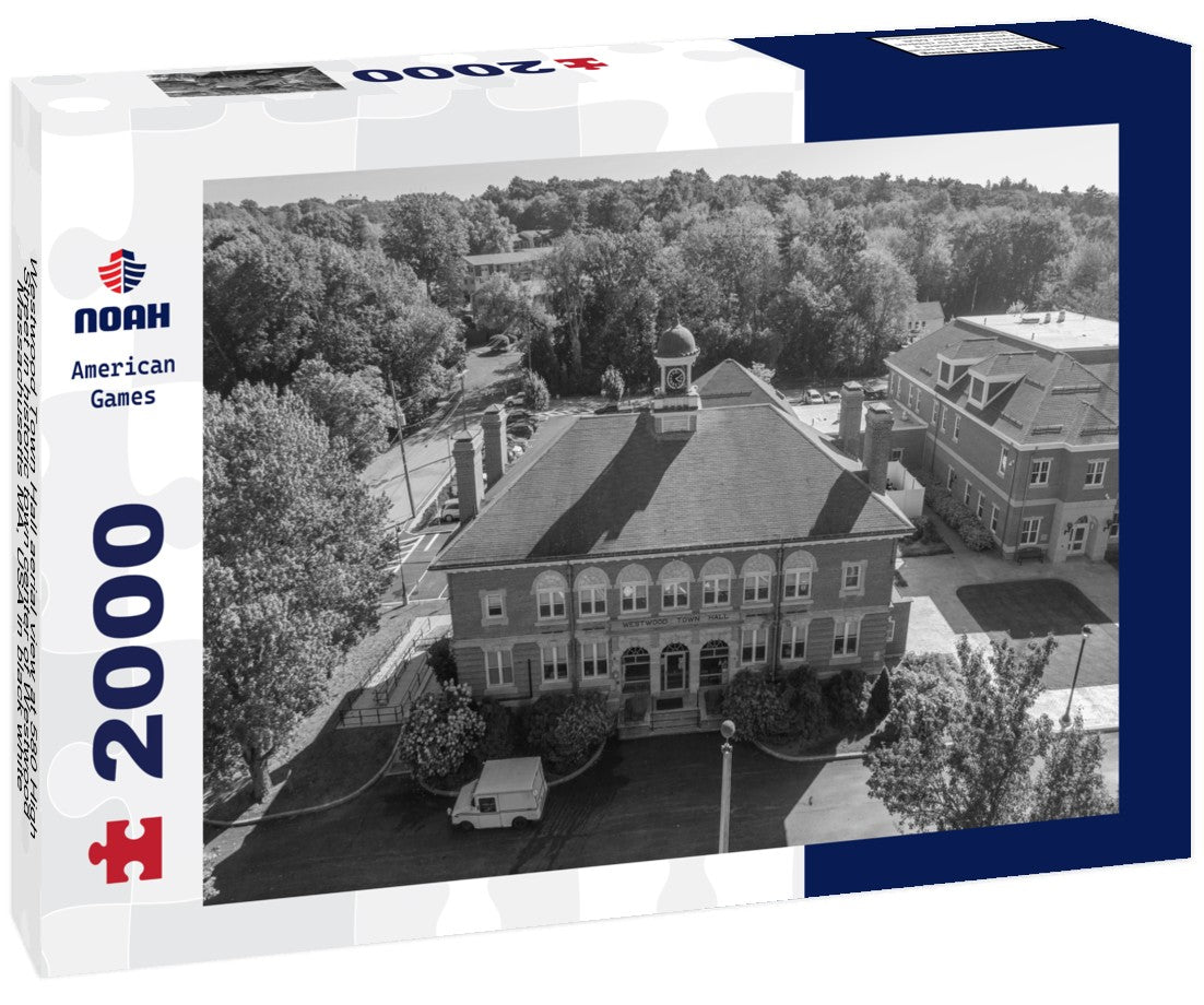 Noah Jigsaw Puzzle Westwood Town Hall aerial view at 580 High Street in historic town center of Westwood, Massachusetts MA, USA in black white 2000 pieces
