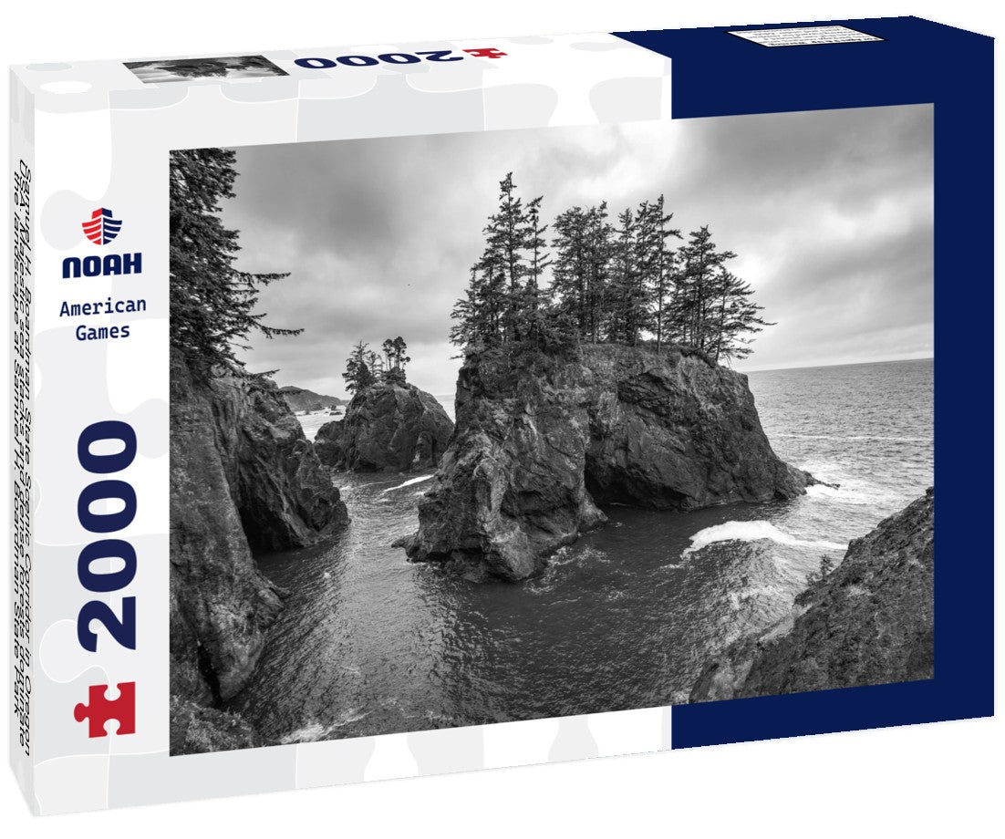 Samuel H. Boardman State Scenic Corridor in Oregon, USA. Majestic sea stacks and dense forests dominate the landscape at Samuel H. Boardman State Park, offering a glimpse into Oregon's natural beauty 2000pc PuzzleBlack and White