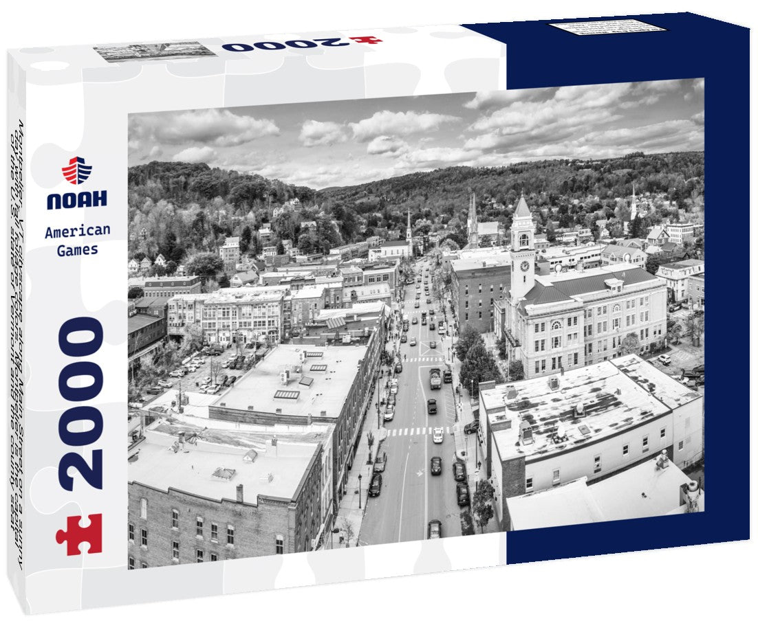 Noah Jigsaw Puzzle Montpelier, VT cityscape along Main Street on a sunny day with fall foliage colors. Montpelier is the capital of the U.S. state of Vermont and the county seat of Washington County in black white 2000 pieces