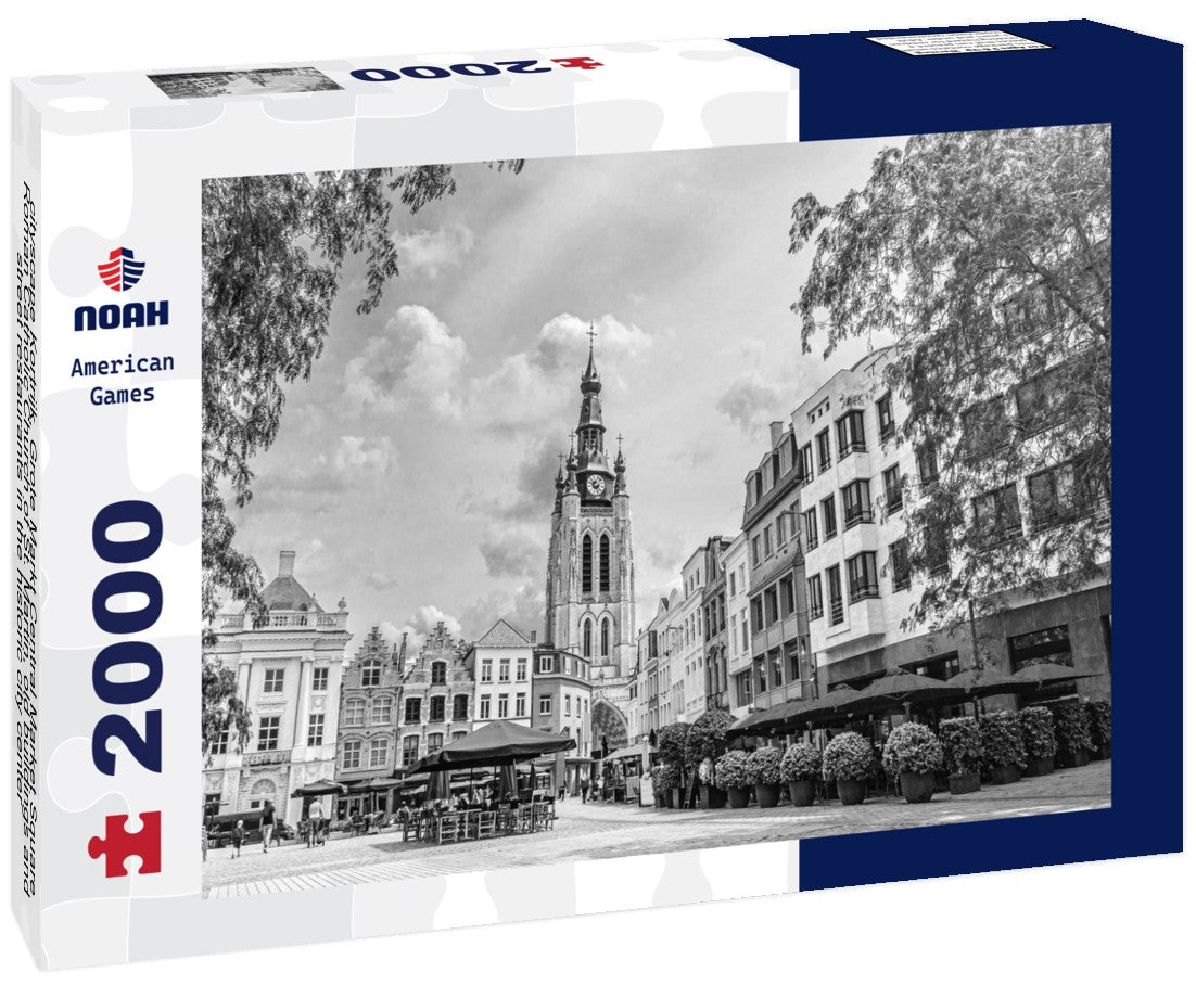 cityscape Kortrijk, Grote Markt Central Market Square, Roman Catholic Church of St. Martin, old buildings and street restaurants in the historic city center, old town Kortrijk, Flemish Region, Belgium 2000pc PuzzleBlack and White