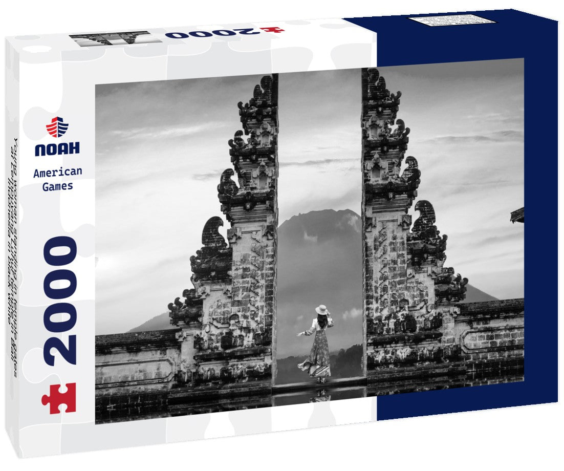 Noah Jigsaw Puzzle Young woman standing in temple gates at Lempuyang Luhur temple in Bali, Indonesia in black white 2000 pieces