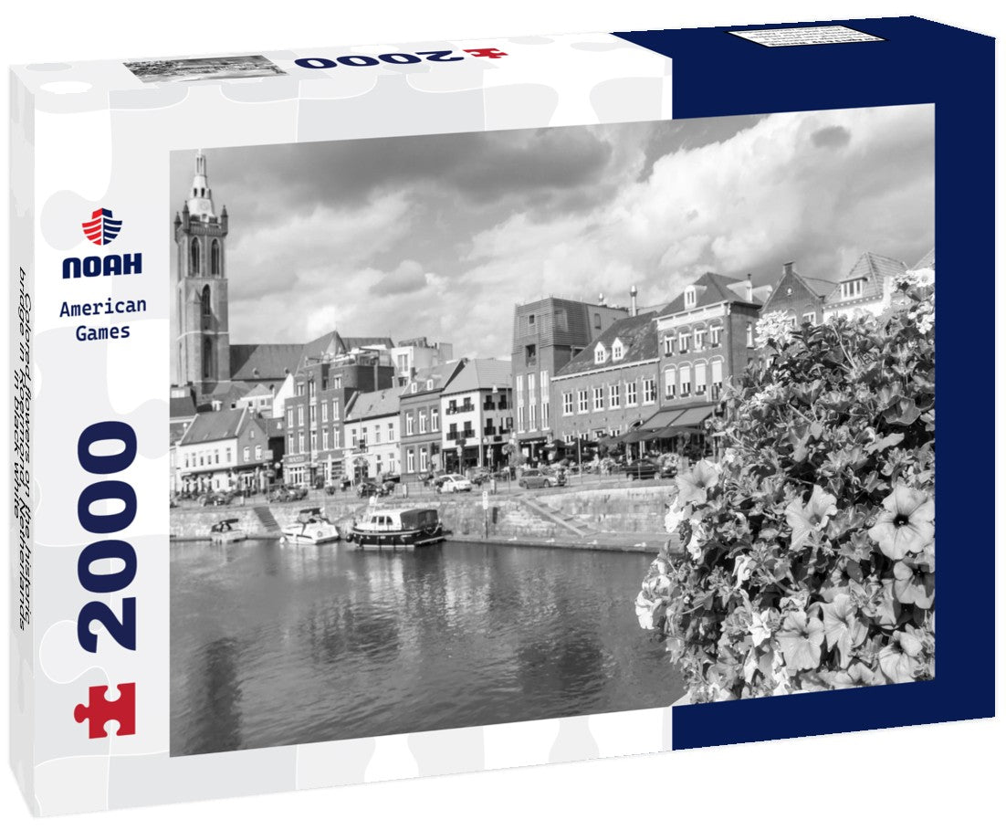 Noah Jigsaw Puzzle Colored flowers on the historic bridge in Roermond, Netherlands in black white 2000 pieces