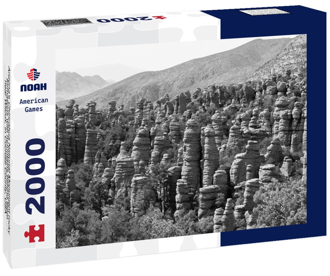 Noah Jigsaw Puzzle Arizona's Chiricahua National Monument rocky formations with mountains behind them, near Wilcox, in Cochise County, USA, not far from the border with Mexico in black white 2000 pieces