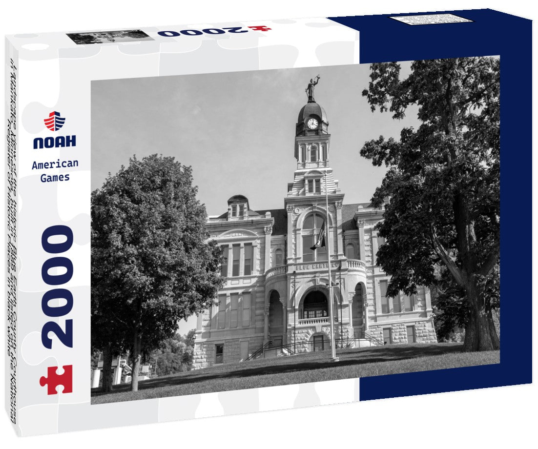 Noah Jigsaw Puzzle Landscape view of the historic Blue Earth County Courthouse in Mankato, Minnesota, built in 1889 and listed on the National Register of Historic Places in black white 2000 pieces