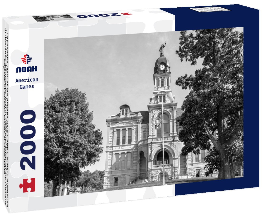 Noah Jigsaw Puzzle Landscape view of the historic Blue Earth County Courthouse in Mankato, Minnesota, built in 1889 and listed on the National Register of Historic Places in black white 2000 pieces