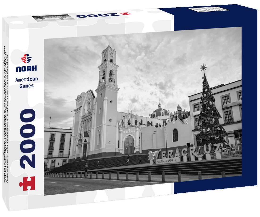 Noah Jigsaw Puzzle panoramic view of the Metropolitan Cathedral of the Immaculate Conception in the center of the city of Xalapa with a beautiful orange sunrise in the background in black white 2000 pieces