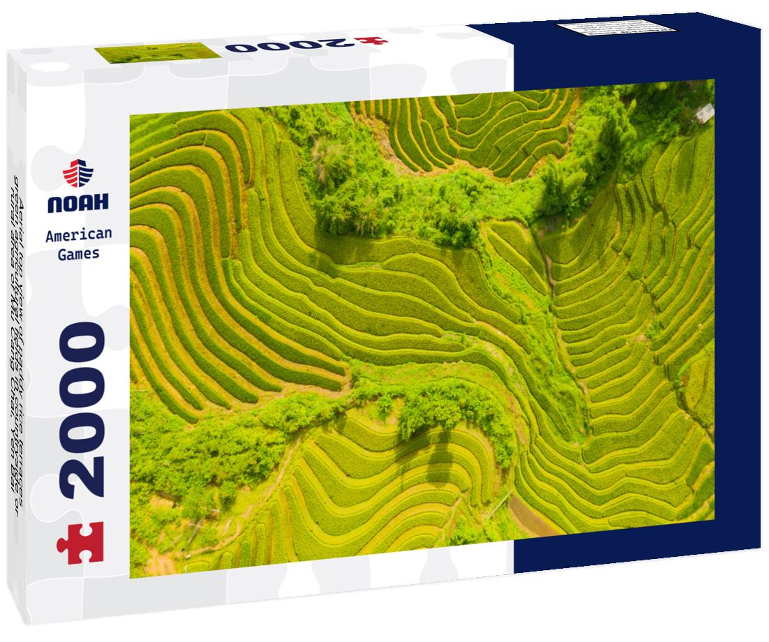 Noah Jigsaw Puzzle Aerial top view of paddy rice terraces, green agricultural fields in countryside or rural area of Mu Cang Chai, Yen Bai, mountain hills valley at sunset in Asia, Vietnam 2000 pieces