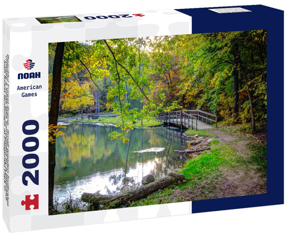 Noah Jigsaw Puzzle Beautiful Forest Scene. Small wooden footbridge crosses a small lake surrounded by a beautiful lush forest landscape at Fitzgerald Park in Eaton County, Michigan 2000 pieces