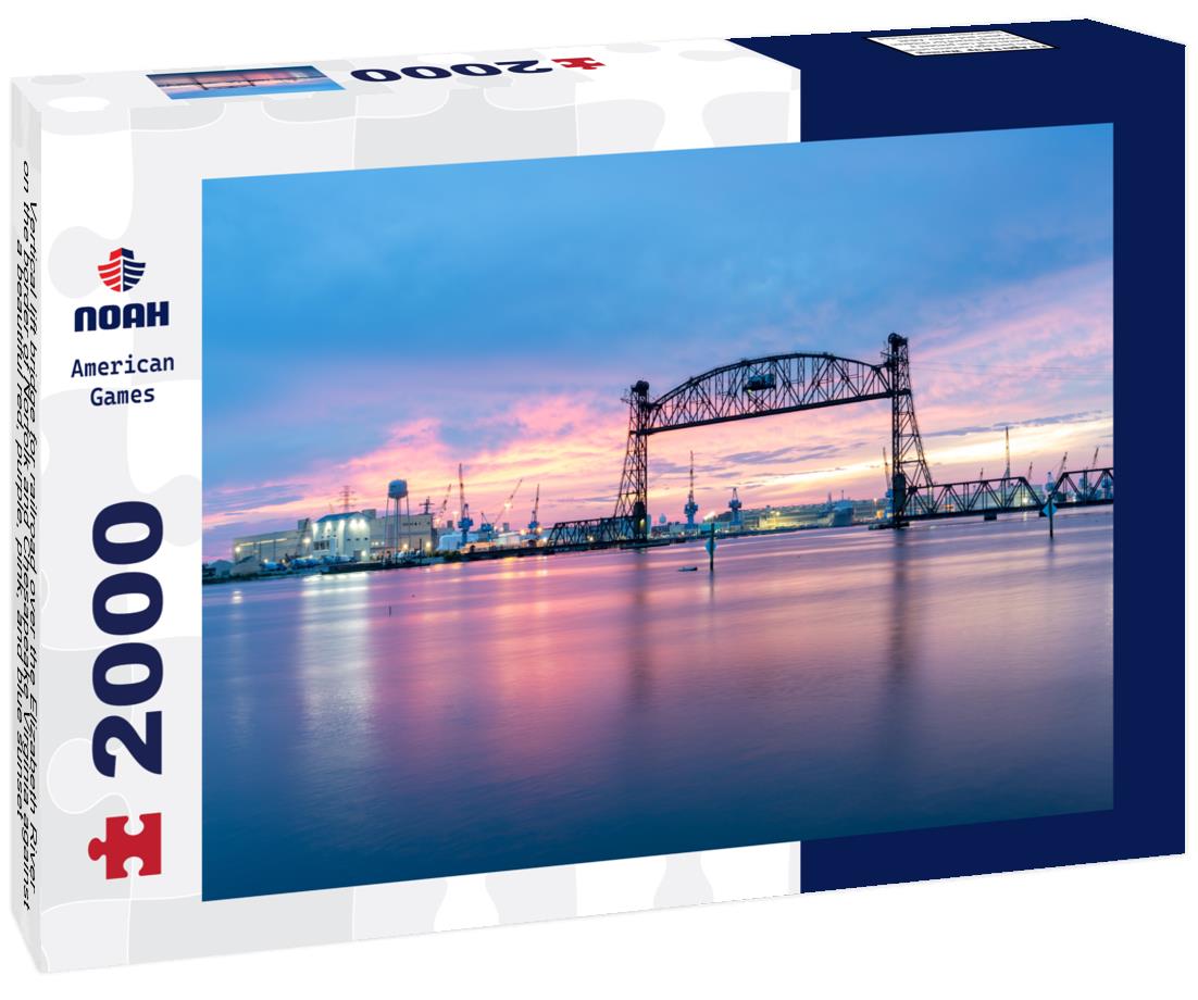 Noah Jigsaw Puzzle Vertical lift bridge for railroad over the Elizabeth River on the border of Norfolk and Chesapeake Virginia against a beautiful red, purple, pink, and blue sunset 2000 pieces