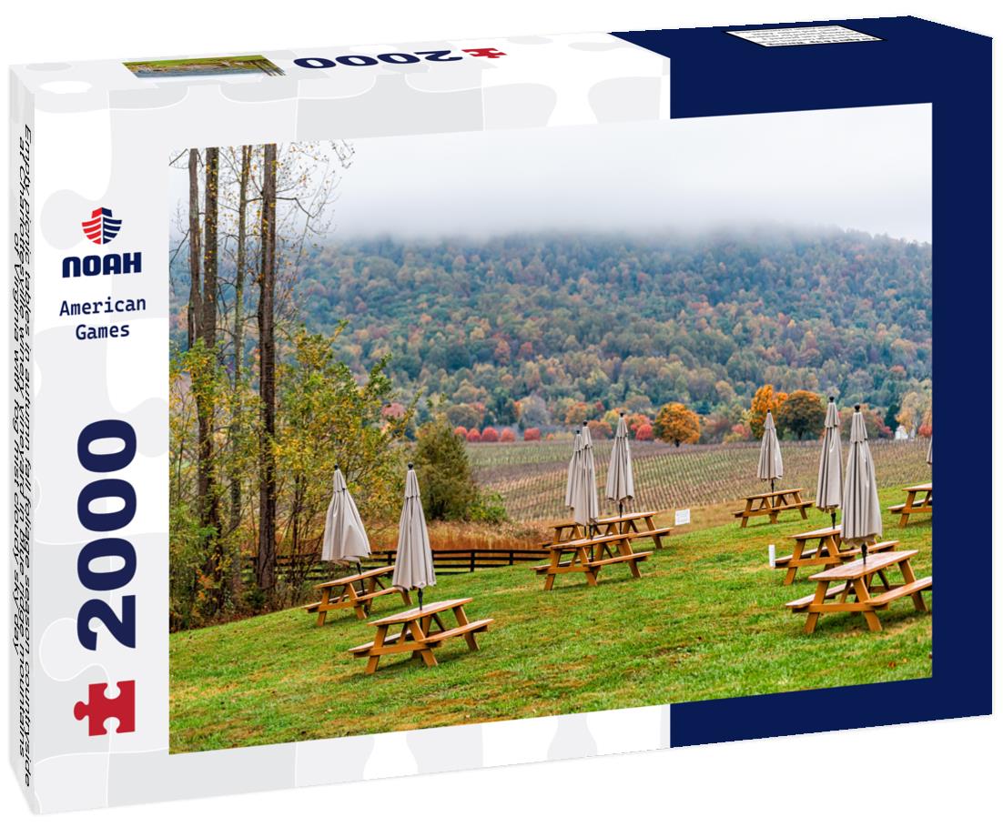 Noah Jigsaw Puzzle Empty picnic tables in autumn fall foliage season countryside at Charlottesville winery vineyard in blue ridge mountains of Virginia with fog mist cloudy sky day 2000 pieces