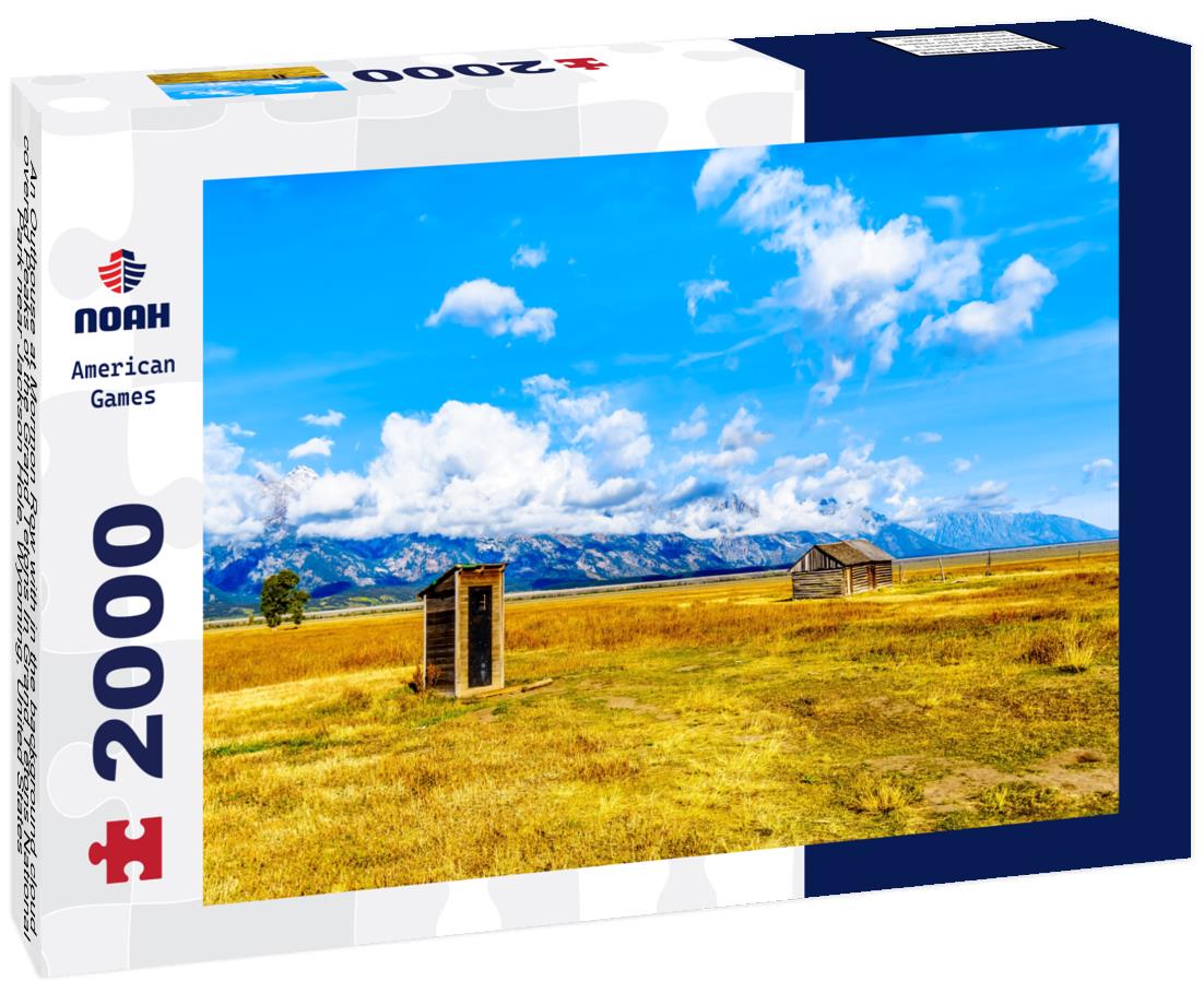 Noah Jigsaw Puzzle An Outhouse at Mormon Row with in the background cloud covered Peaks of the Grand Tetons In Grand Tetons National Park near Jackson Hole, Wyoming, United States 2000 pieces
