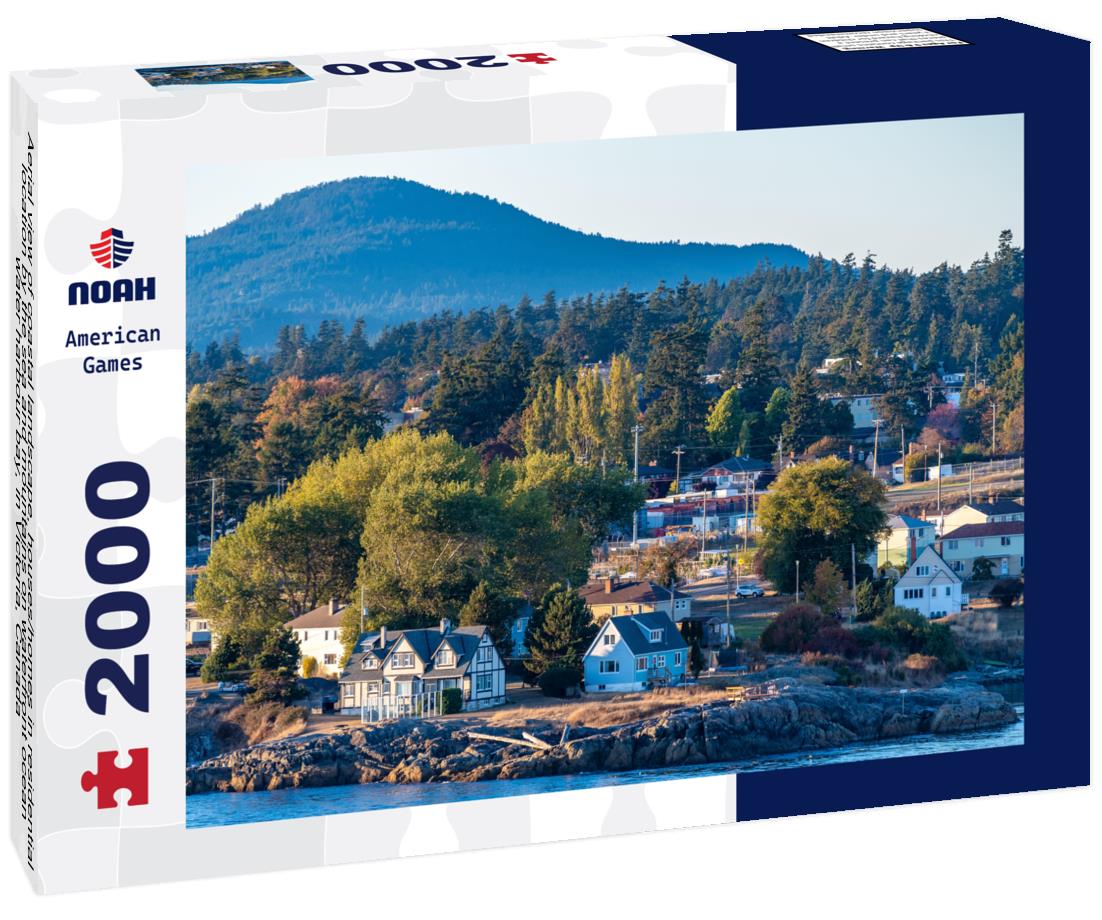 Noah Jigsaw Puzzle Aerial view of coastal landscape, houses/homes in residential location by the sea and mountains on waterfront ocean water harbour bay, in Victoria, Canada 2000 pieces