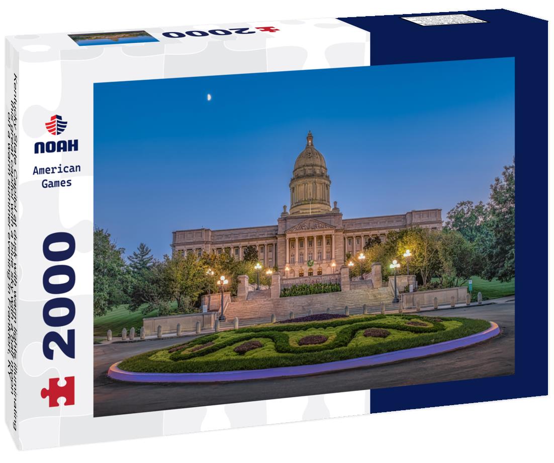 Noah Jigsaw Puzzle Kentucky State Capitol at dusk with warm lights illuminating this great capitol with a blue sky with a half moon on a warm summer evening in Frankfort, KY 2000 pieces