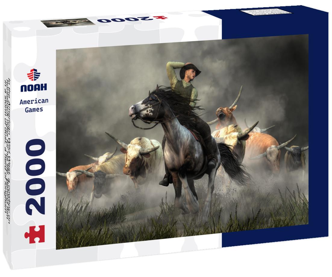 Noah Jigsaw Puzzle In the American Wild West, a cowboy on horseback rides for his life. Behind him, in a storm of dust, a herd of longhorn cattle stampedes after him, Texas 2000 pieces
