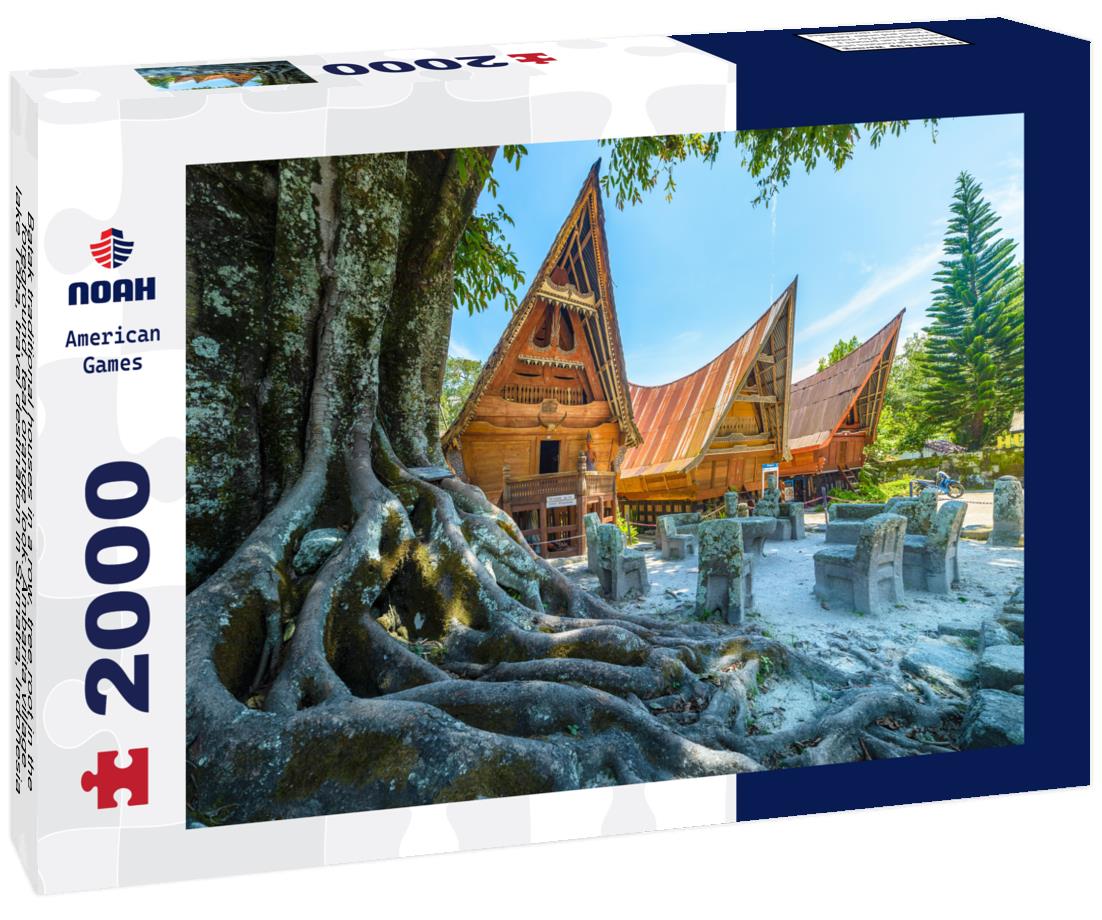 Noah Jigsaw Puzzle Batak traditional houses in a row, tree root in the foreground, teal orange look. Ambarita village, lake Toba, travel destination in Sumatra, Indonesia 2000 pieces