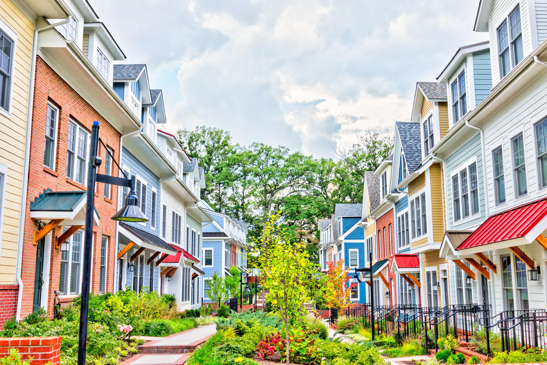 Row of colorful, red, yellow, blue, white, green painted residential townhouses, homes, houses with brick patio gardens in summer, Washington D.C. 2000pc Puzzle