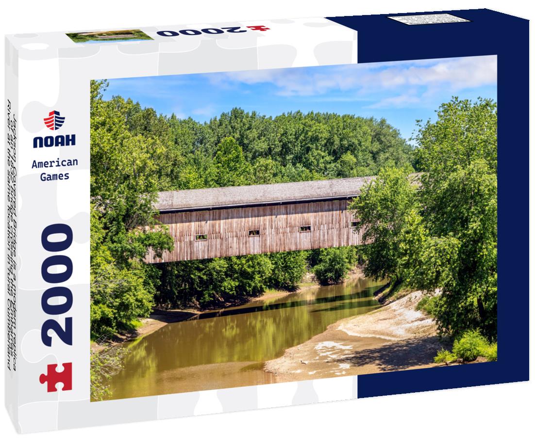 Noah Jigsaw Puzzle Jackson Covered Bridge is a modern replica of an 1832 bridge crossing the Embarras River at the same location in rural Cumberland County, Illinois 2000 pieces