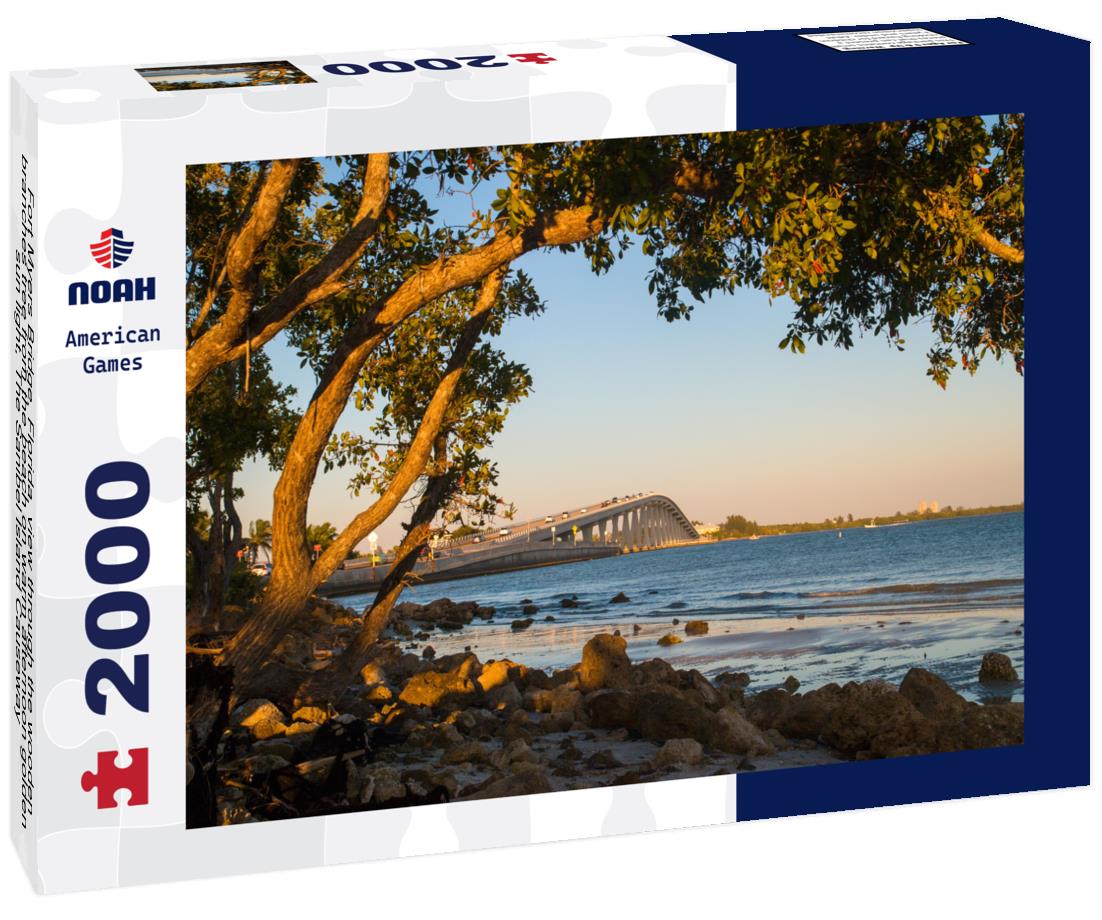 Noah Jigsaw Puzzle Fort Myers Bridge, Florida, view through the wooden branches tree from the beach on warm afternoon golden sun light, The Sanibel Island Causeway 2000 pieces