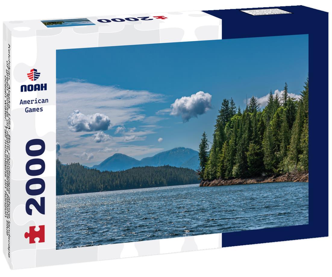 Noah Jigsaw Puzzle Ketchikan, Alaska, USA: Blue cloudscape above landscape of green forests on island shorelines behind blue ocean water. Tall mountains on horizon 2000 pieces