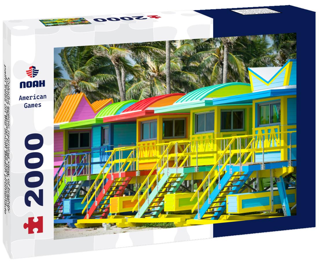 Noah Jigsaw Puzzle Colorful scenic morning view of brightly painted lifeguard towers with coconut palm trees on the South Beach promenade in Miami, Florida, USA 2000 pieces