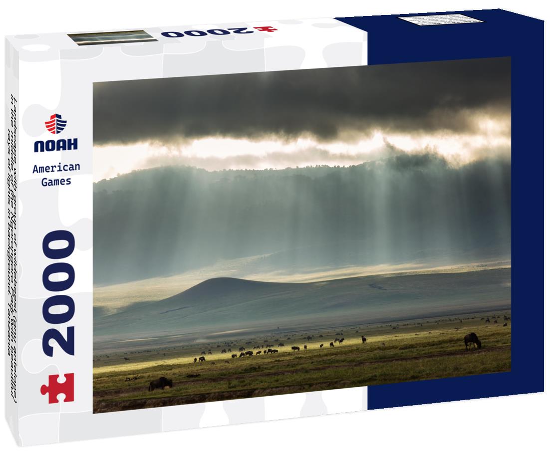 Noah Jigsaw Puzzle Landscape with group of wildebeest (gnu antelope) in the middle of the Ngorongoro Park with beautiful rays of lights in background. Tanzania 2000 pieces