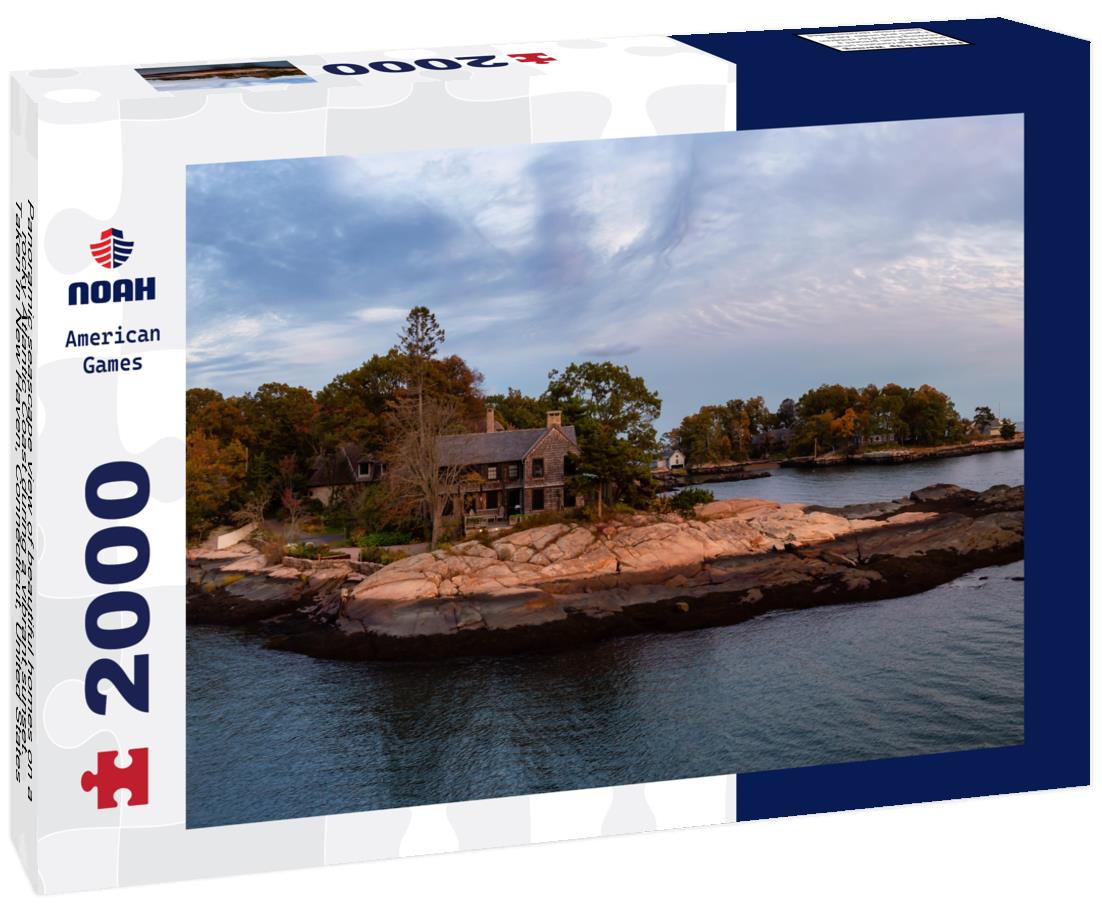 Noah Jigsaw Puzzle Panoramic seascape view of beautiful homes on a rocky Atlantic Coast during a vibrant sunset. Taken in New Haven, Connecticut, United States 2000 pieces