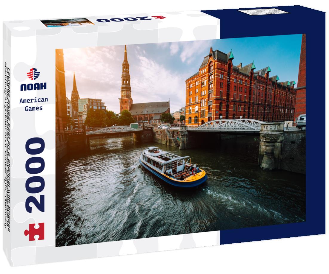 Noah Jigsaw Puzzle Touristic cruise boat on a channel with bridges in the old warehouse district Speicherstadt in Hamburg in golden hour sunset light, Germany 2000 pieces